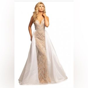 Johnathan Kayne size 4 nude and metal chevron gown with overskirt. Style 2052.